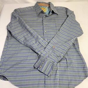 Robert Graham‎ Pattern Striped Shirt Men's 2XL Flip Cuffs Blue/Green Geometrical